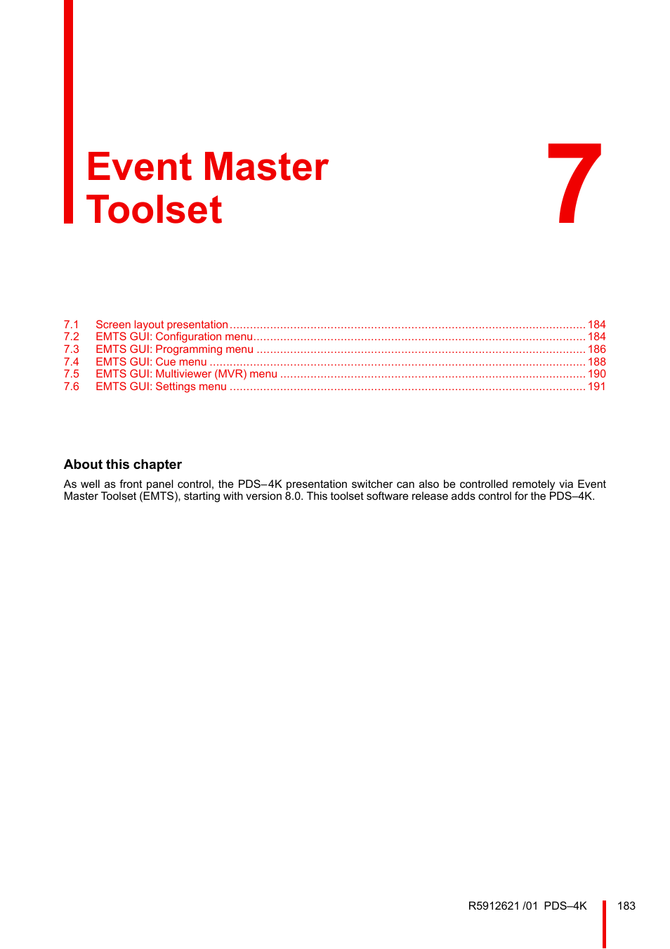 7 event master toolset, Event master toolset | Barco PDS-4K HDMI Presentation Switcher User Manual | Page 183 / 224