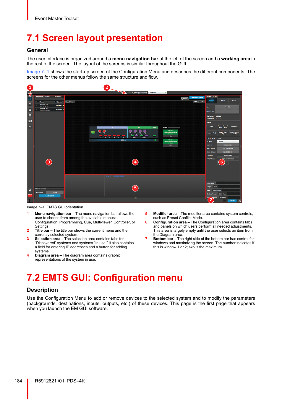 1 screen layout presentation, 2 emts gui: configuration menu, Screen layout presentation | Emts gui: configuration menu, General, Description | Barco PDS-4K HDMI Presentation Switcher User Manual | Page 184 / 224