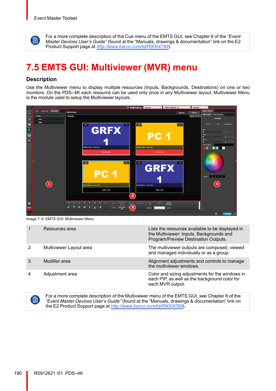 5 emts gui: multiviewer (mvr) menu, Emts gui: multiviewer (mvr) menu, Description | Barco PDS-4K HDMI Presentation Switcher User Manual | Page 190 / 224
