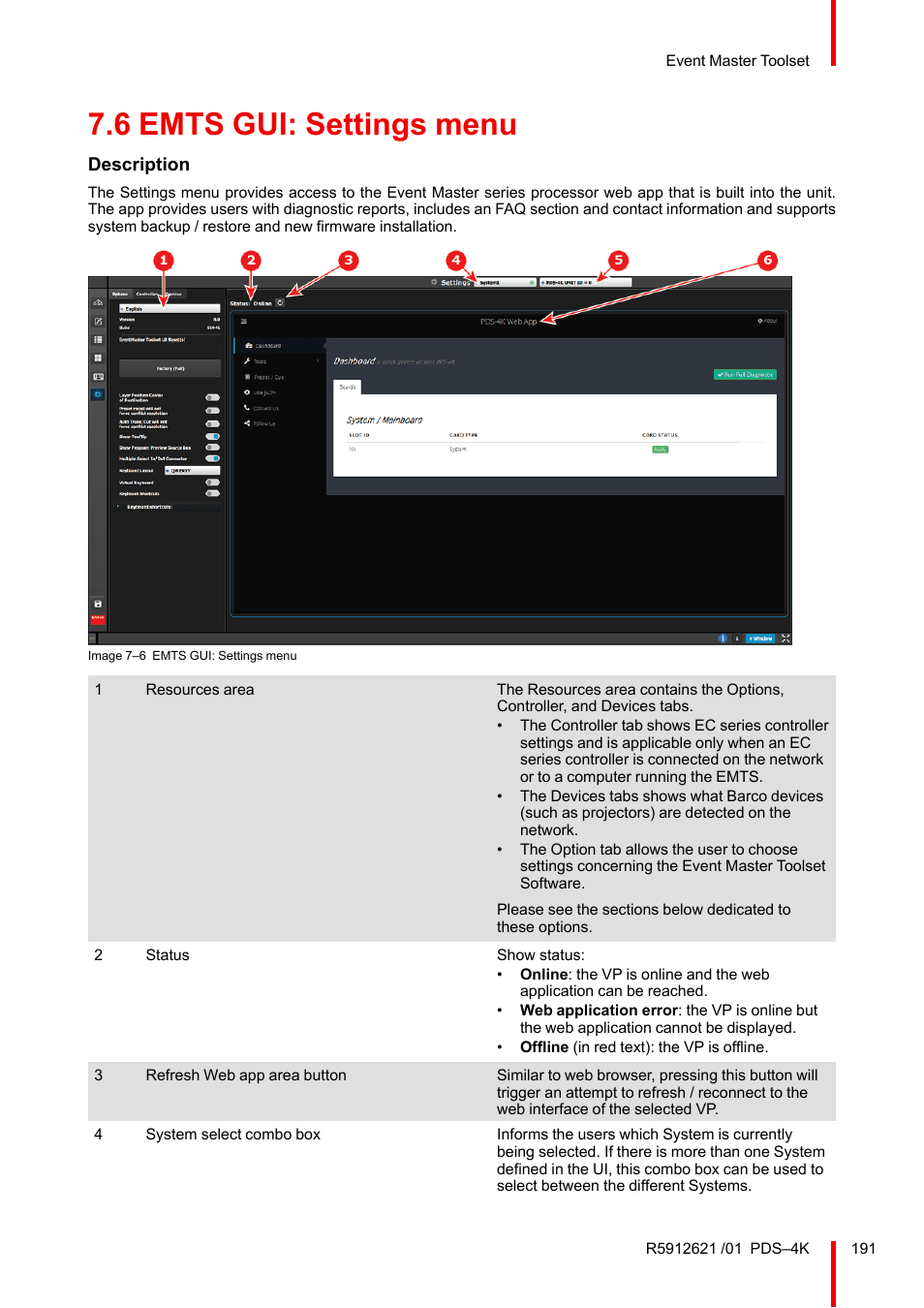 6 emts gui: settings menu, Emts gui: settings menu, Description | Barco PDS-4K HDMI Presentation Switcher User Manual | Page 191 / 224