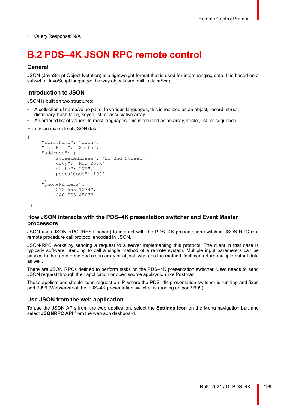 B.2 pds–4k json rpc remote control, Pds–4k json rpc remote control | Barco PDS-4K HDMI Presentation Switcher User Manual | Page 199 / 224