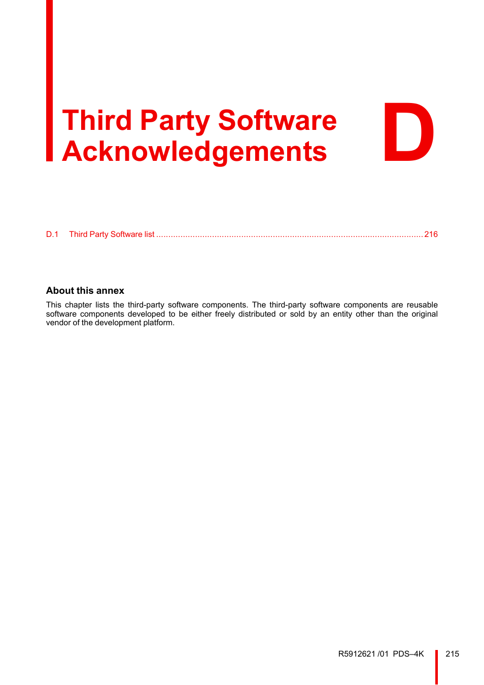 D third party software acknowledgements, Third party software acknowledgements | Barco PDS-4K HDMI Presentation Switcher User Manual | Page 215 / 224