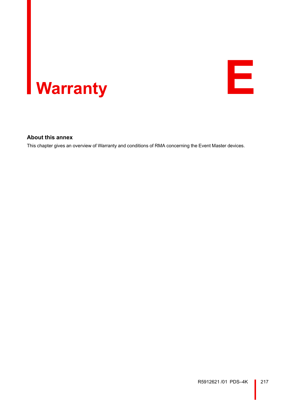 E warranty, Warranty | Barco PDS-4K HDMI Presentation Switcher User Manual | Page 217 / 224