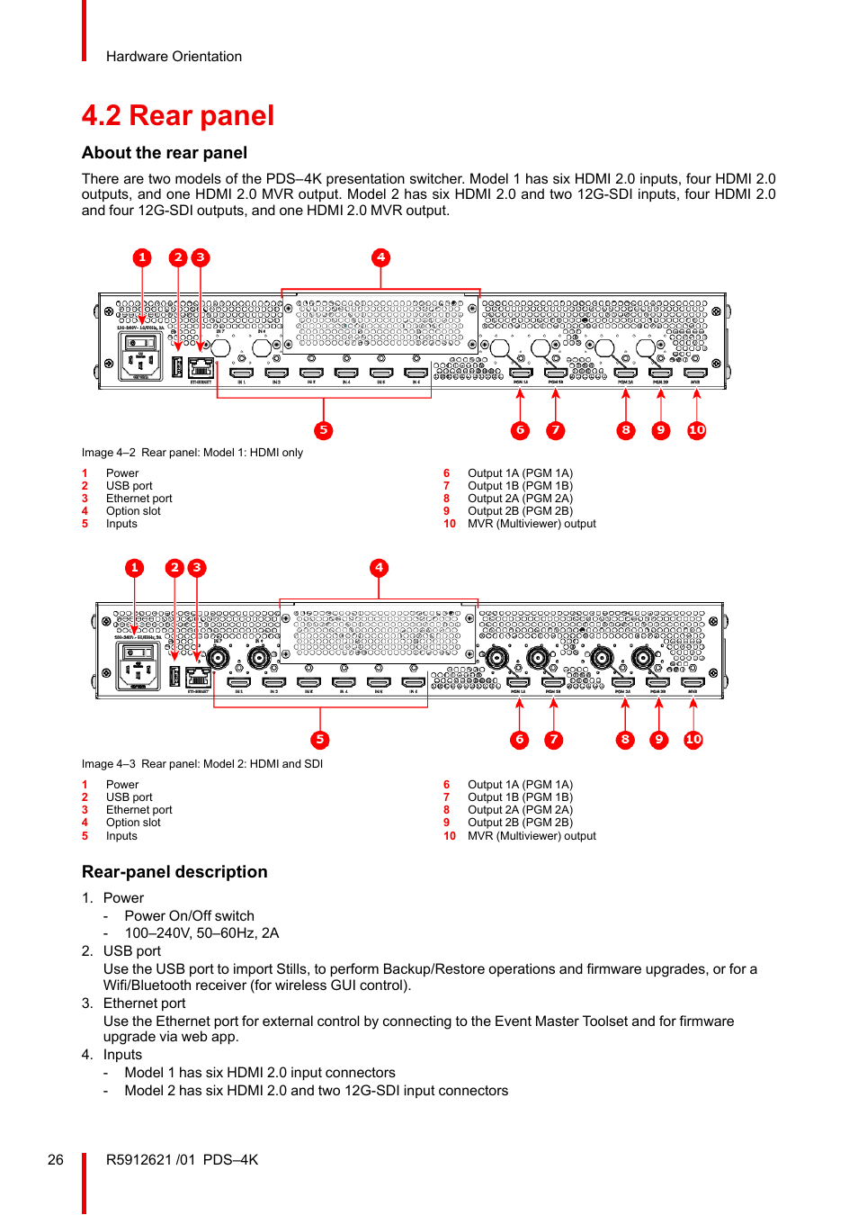 2 rear panel, Rear panel, About the rear panel | Rear-panel description | Barco PDS-4K HDMI Presentation Switcher User Manual | Page 26 / 224