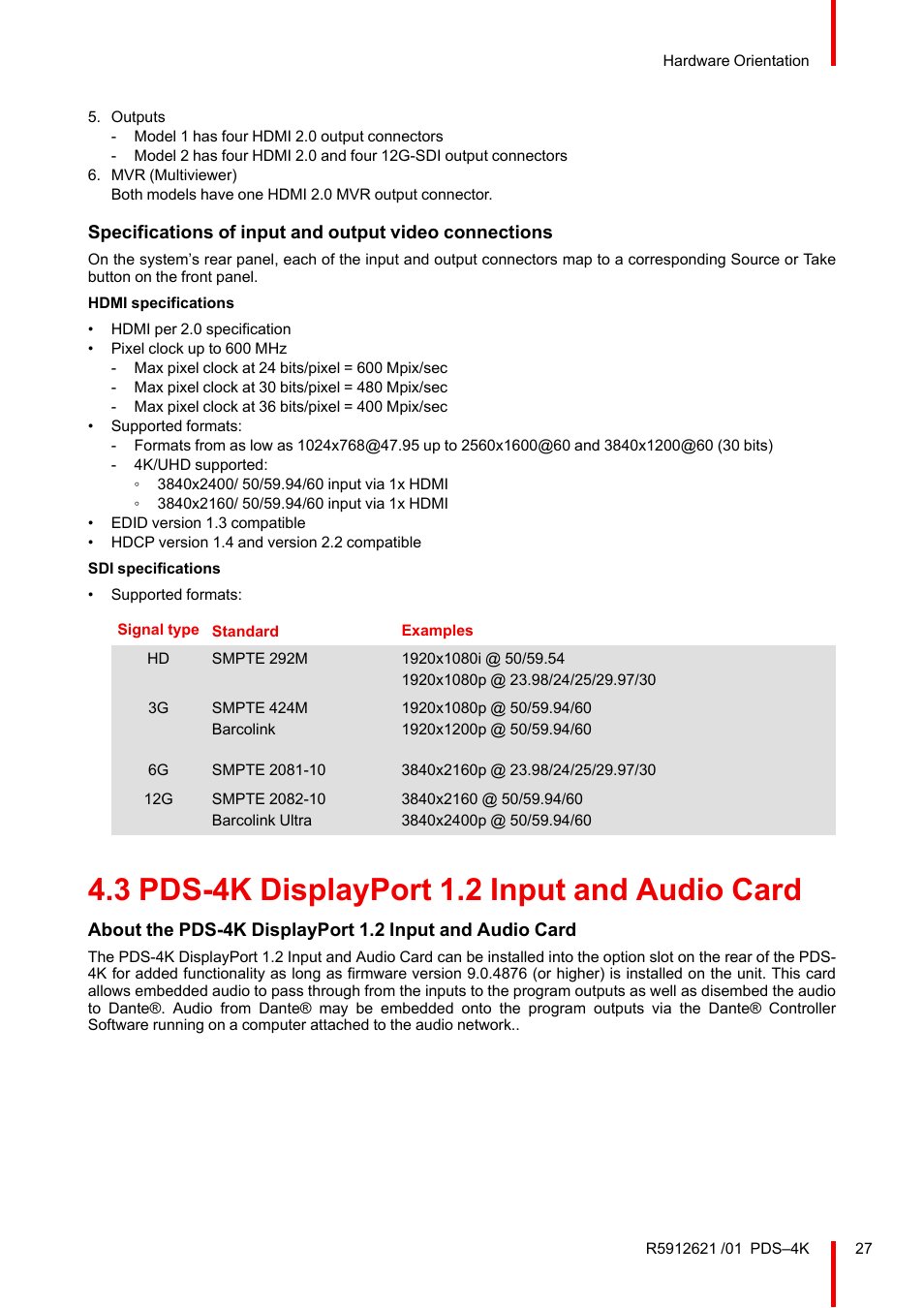 3 pds-4k displayport 1.2 input and audio card, Pds-4k displayport 1.2 input and audio card | Barco PDS-4K HDMI Presentation Switcher User Manual | Page 27 / 224