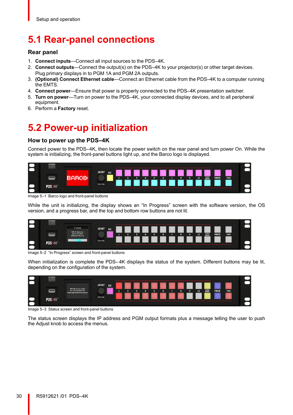 1 rear-panel connections, 2 power-up initialization, Rear-panel connections | Power-up initialization | Barco PDS-4K HDMI Presentation Switcher User Manual | Page 30 / 224