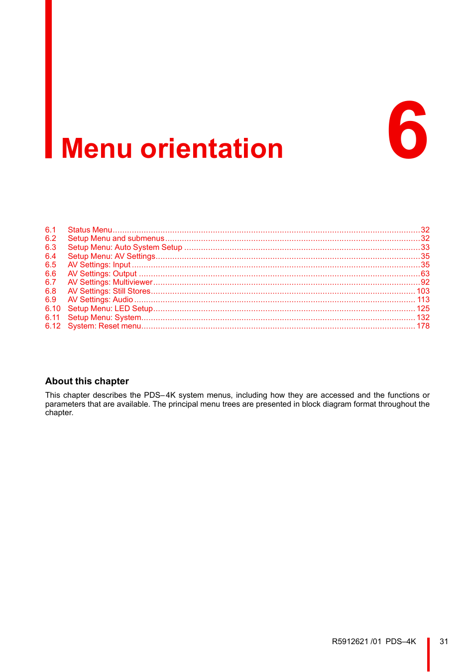 6 menu orientation, Menu orientation | Barco PDS-4K HDMI Presentation Switcher User Manual | Page 31 / 224