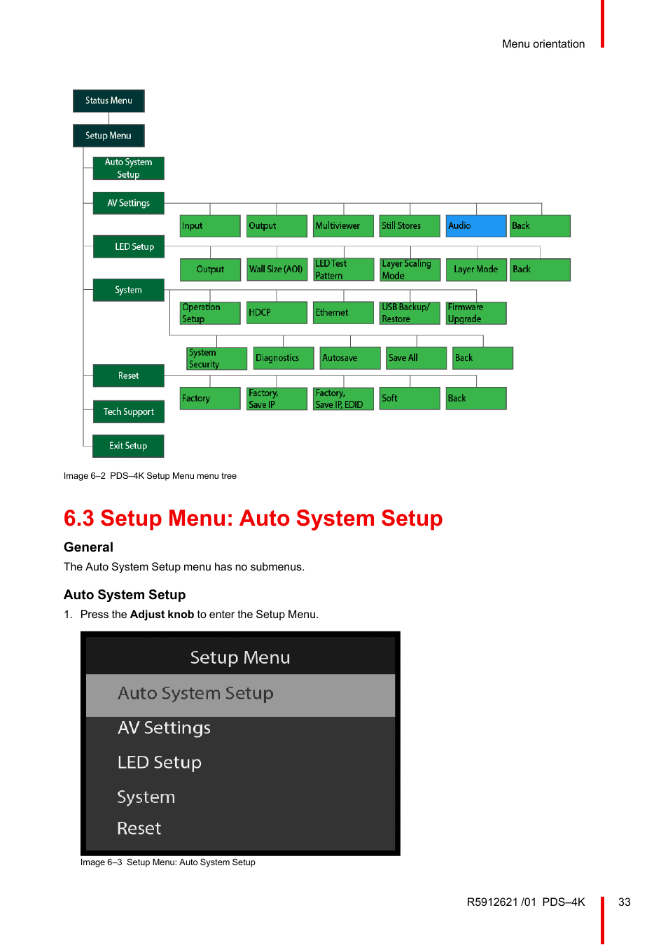 3 setup menu: auto system setup, Setup menu: auto system setup | Barco PDS-4K HDMI Presentation Switcher User Manual | Page 33 / 224