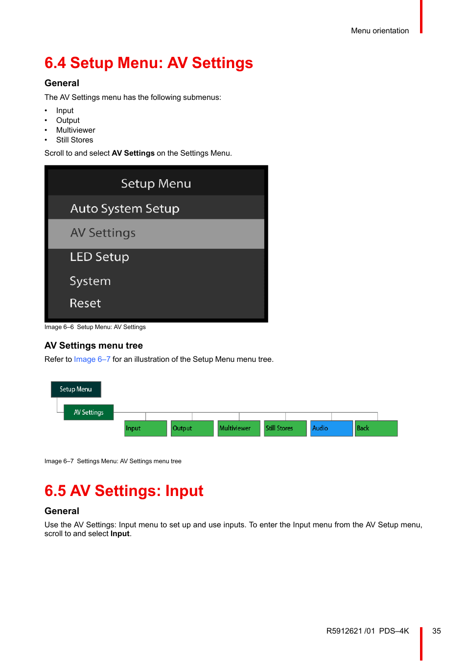 4 setup menu: av settings, 5 av settings: input, Setup menu: av settings | Av settings: input | Barco PDS-4K HDMI Presentation Switcher User Manual | Page 35 / 224