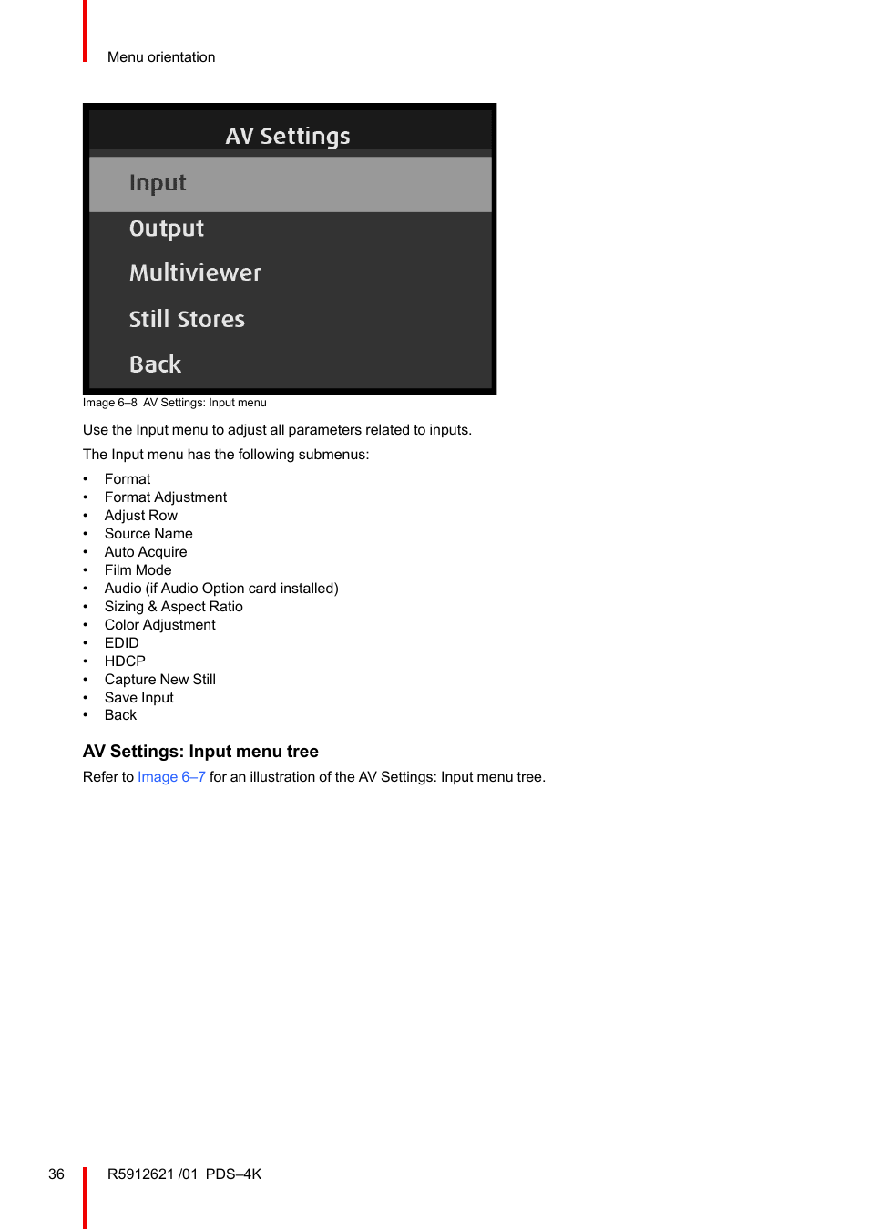 Av settings: input menu tree | Barco PDS-4K HDMI Presentation Switcher User Manual | Page 36 / 224