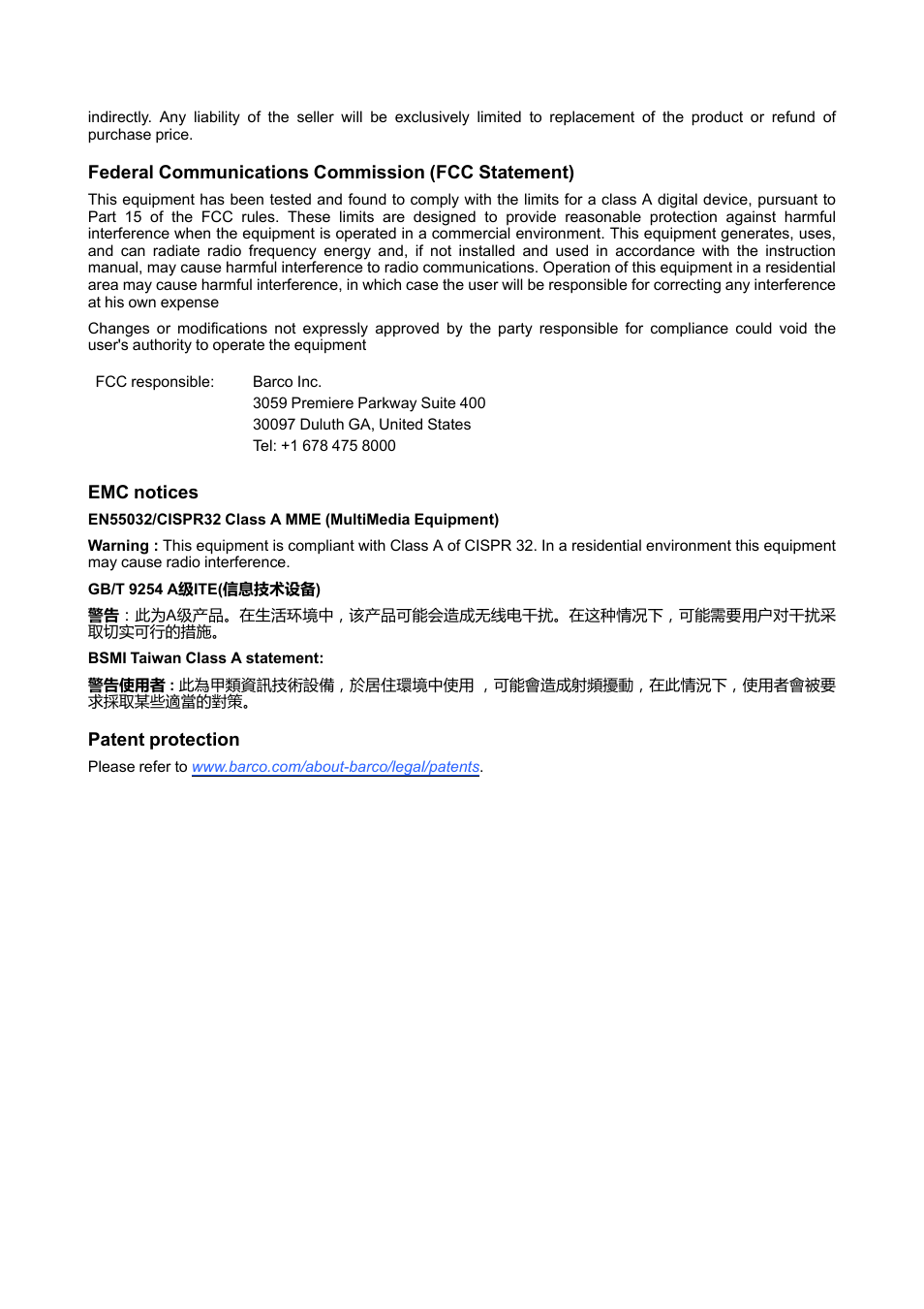 Federal communications commission (fcc statement), Emc notices, Patent protection | Barco PDS-4K HDMI Presentation Switcher User Manual | Page 4 / 224