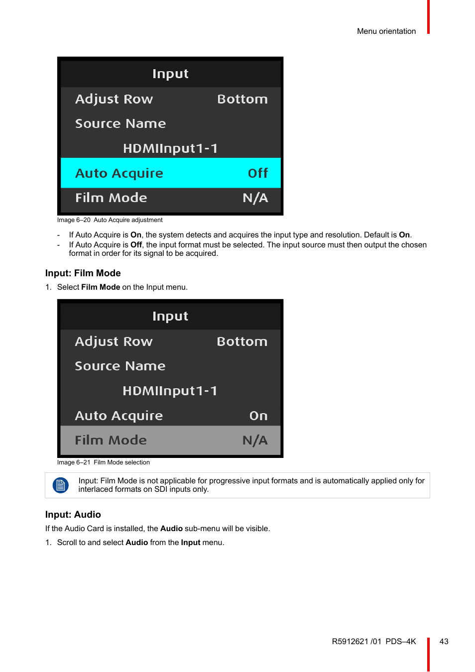 Input: film mode, Input: audio | Barco PDS-4K HDMI Presentation Switcher User Manual | Page 43 / 224