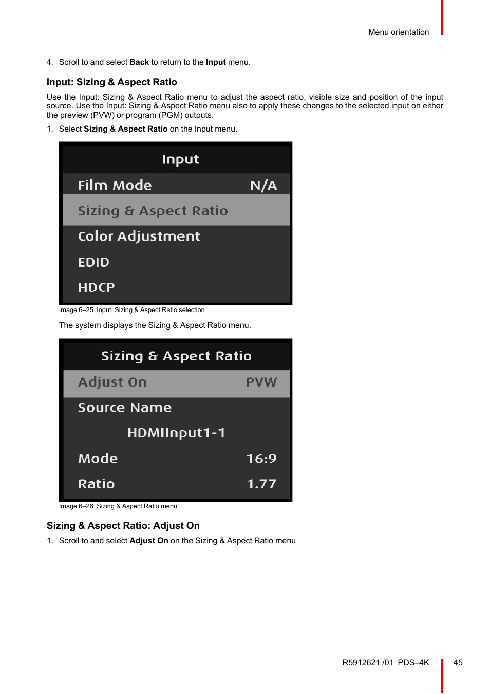 Input: sizing & aspect ratio, Sizing & aspect ratio: adjust on | Barco PDS-4K HDMI Presentation Switcher User Manual | Page 45 / 224