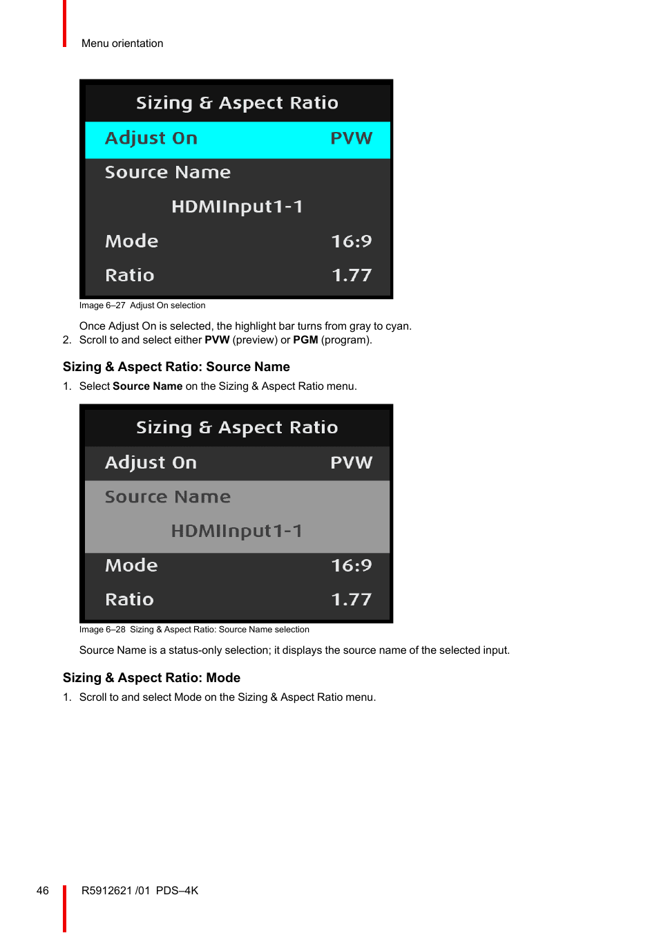 Sizing & aspect ratio: source name, Sizing & aspect ratio: mode | Barco PDS-4K HDMI Presentation Switcher User Manual | Page 46 / 224