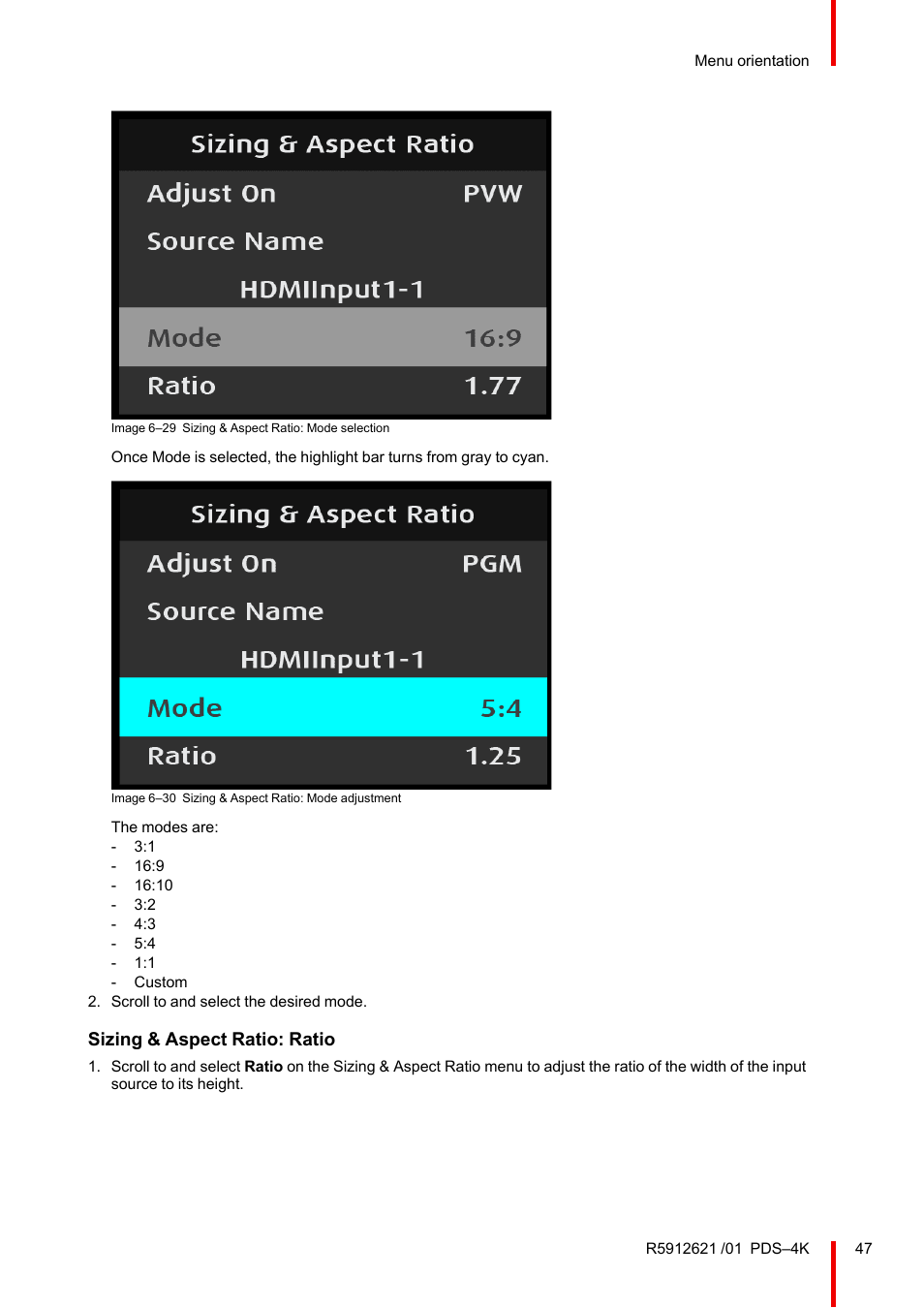 Sizing & aspect ratio: ratio | Barco PDS-4K HDMI Presentation Switcher User Manual | Page 47 / 224