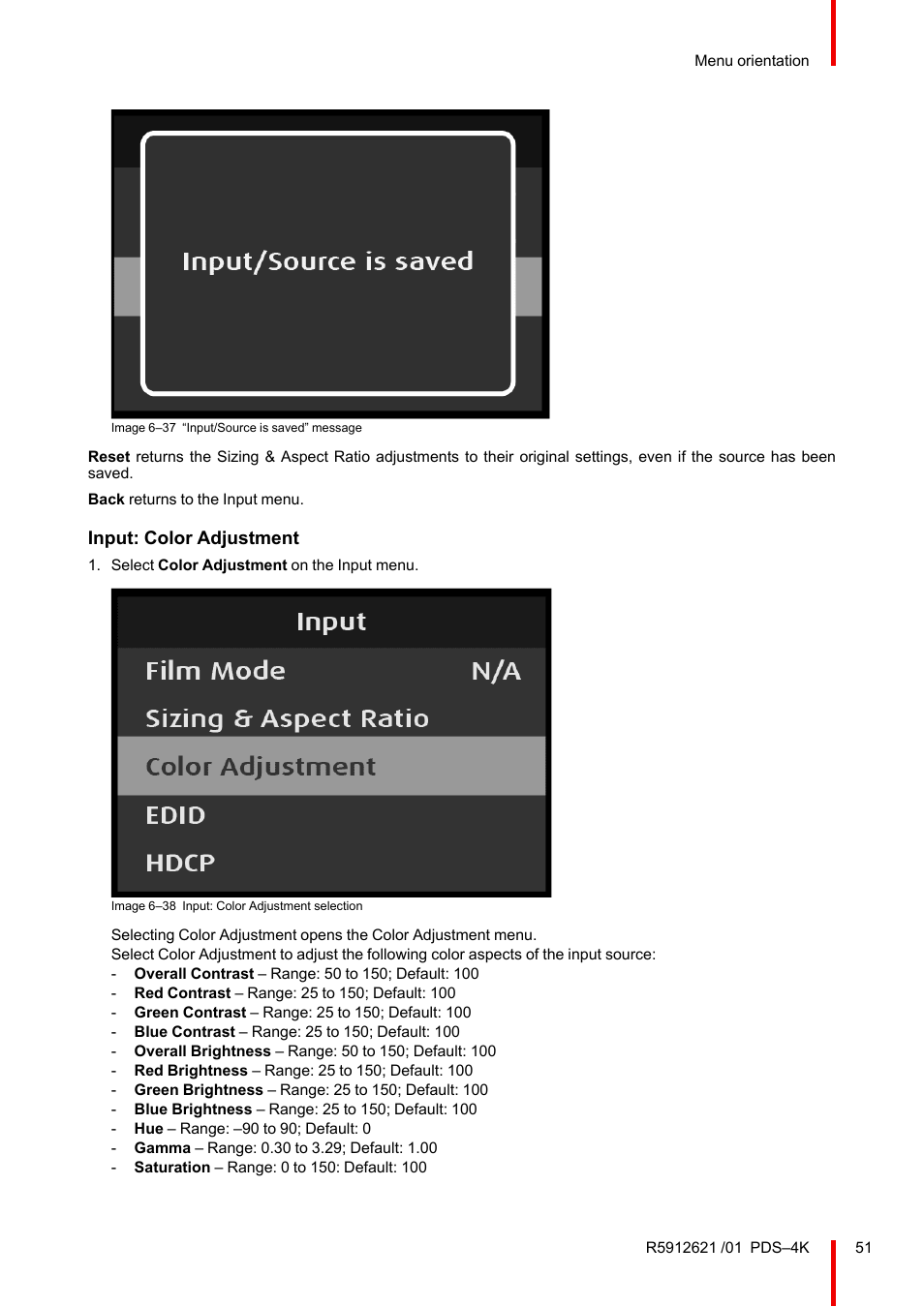 Input: color adjustment | Barco PDS-4K HDMI Presentation Switcher User Manual | Page 51 / 224