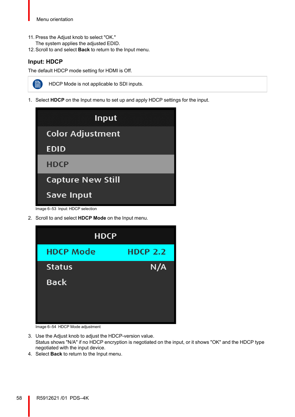 Input: hdcp | Barco PDS-4K HDMI Presentation Switcher User Manual | Page 58 / 224