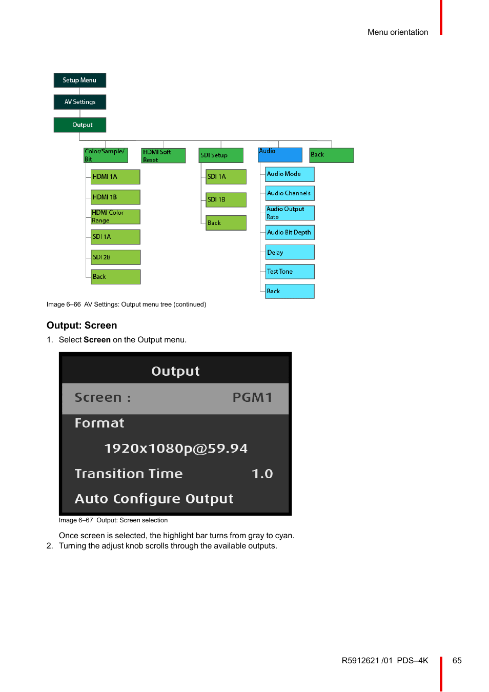 Output: screen | Barco PDS-4K HDMI Presentation Switcher User Manual | Page 65 / 224