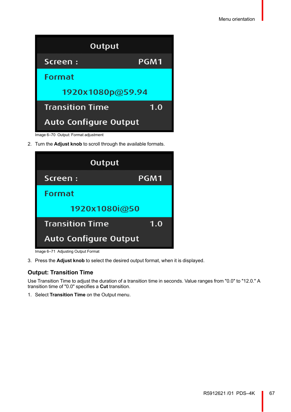 Output: transition time | Barco PDS-4K HDMI Presentation Switcher User Manual | Page 67 / 224