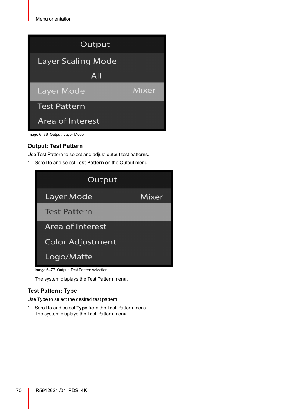 Output: test pattern, Test pattern: type | Barco PDS-4K HDMI Presentation Switcher User Manual | Page 70 / 224