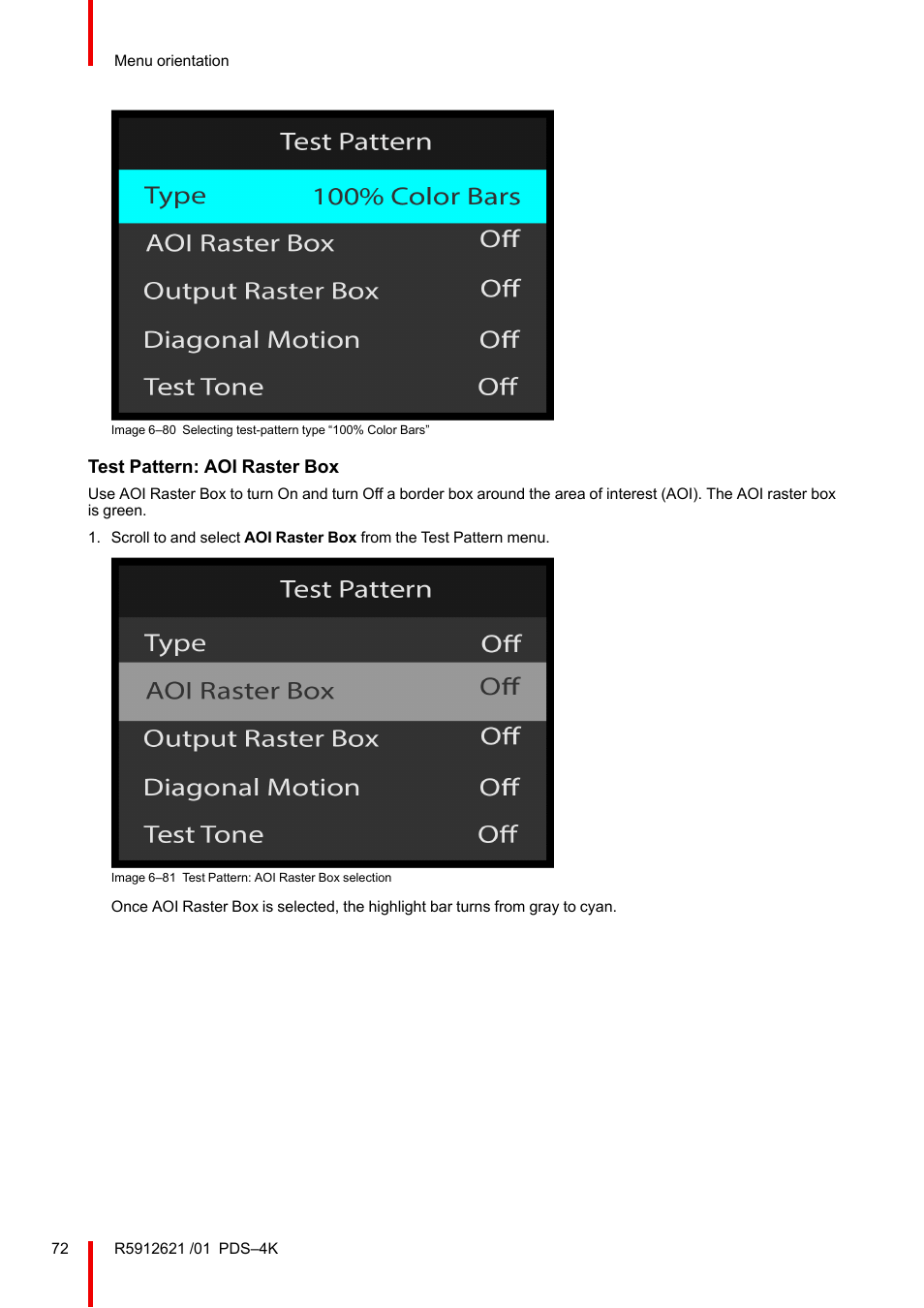 Test pattern: aoi raster box | Barco PDS-4K HDMI Presentation Switcher User Manual | Page 72 / 224