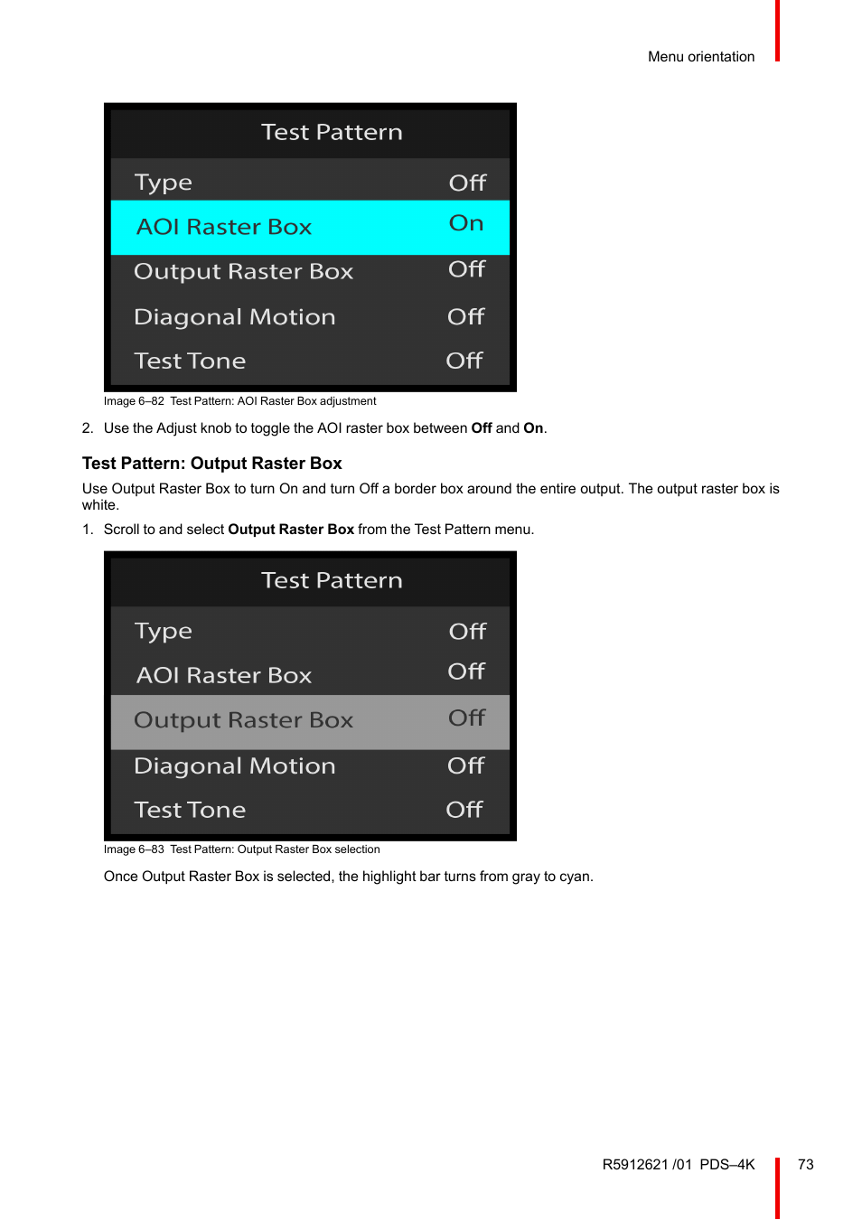 Test pattern: output raster box | Barco PDS-4K HDMI Presentation Switcher User Manual | Page 73 / 224