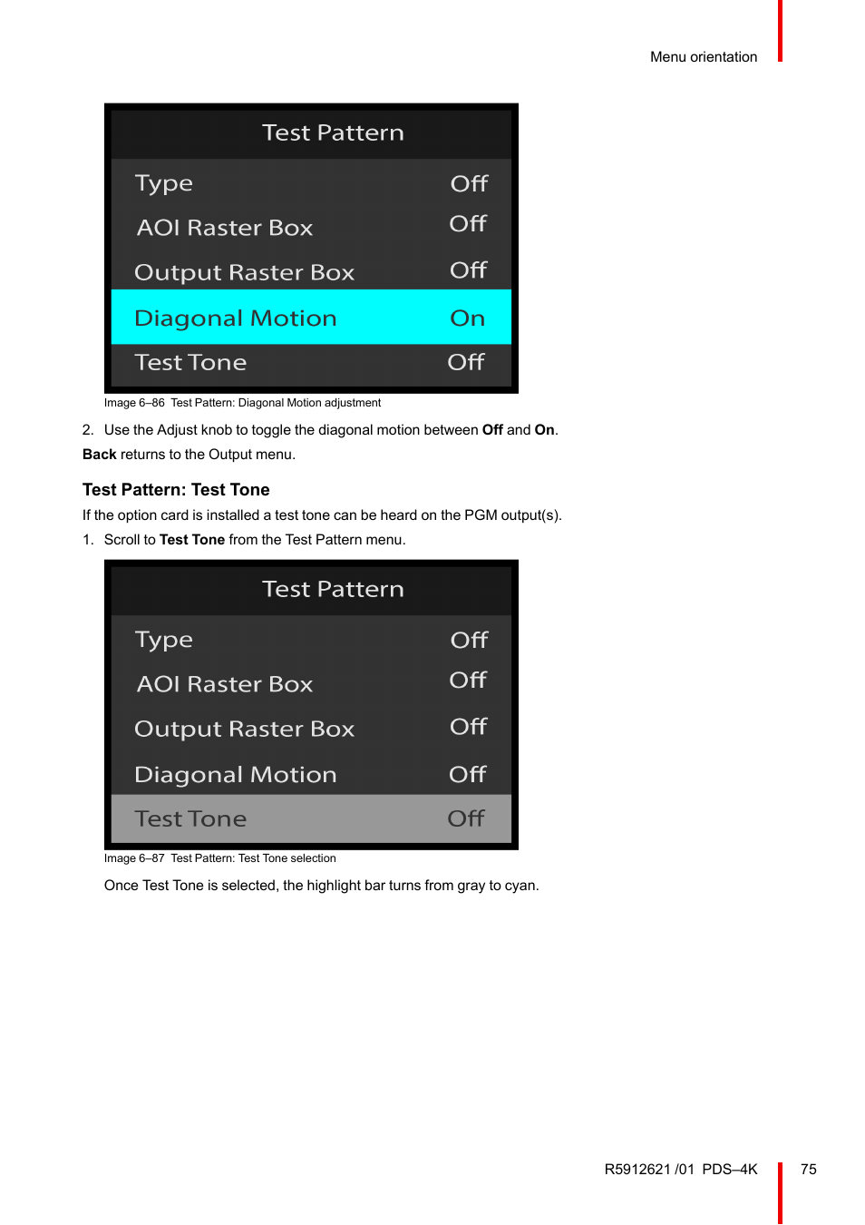 Test pattern: test tone | Barco PDS-4K HDMI Presentation Switcher User Manual | Page 75 / 224