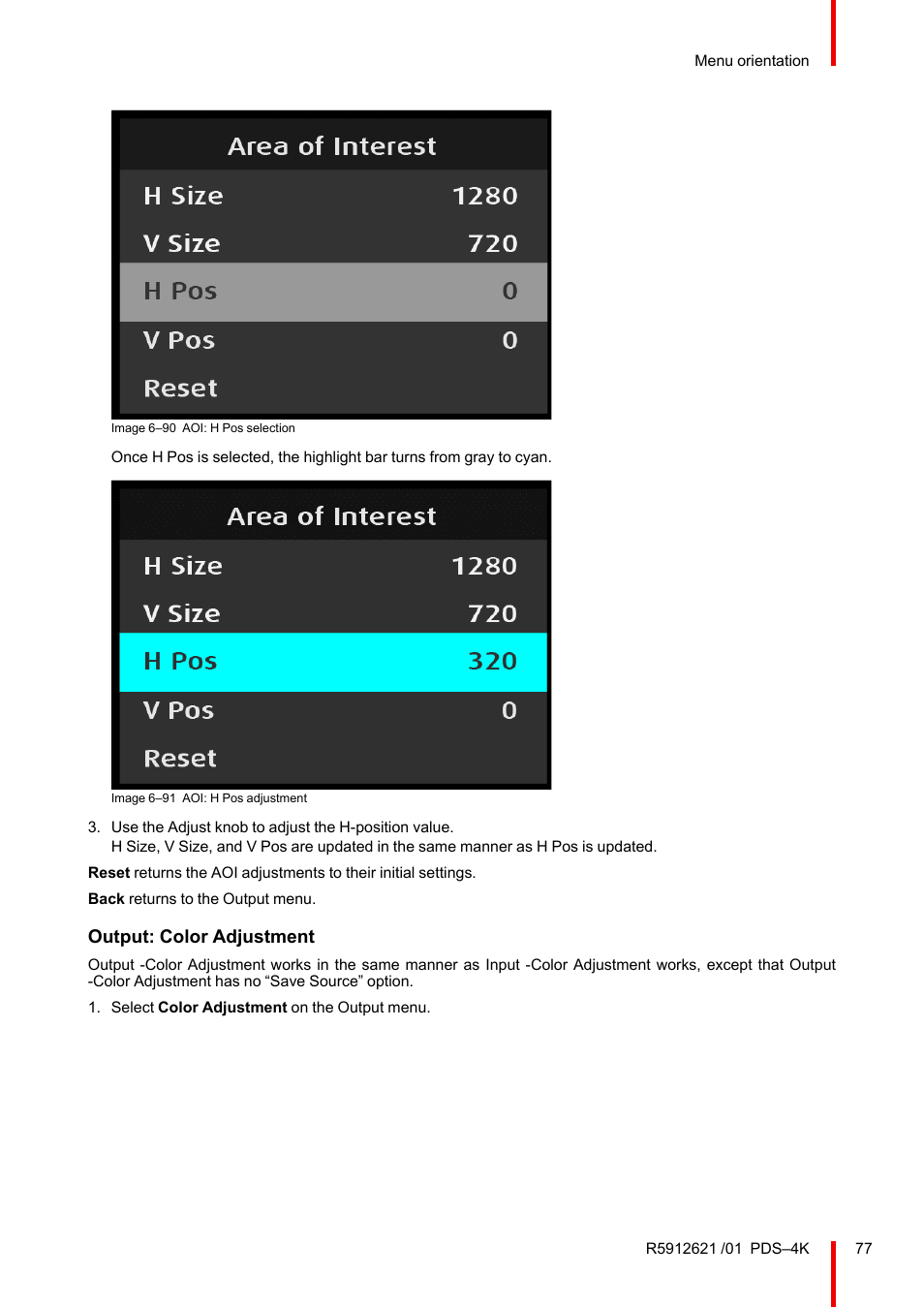 Output: color adjustment | Barco PDS-4K HDMI Presentation Switcher User Manual | Page 77 / 224