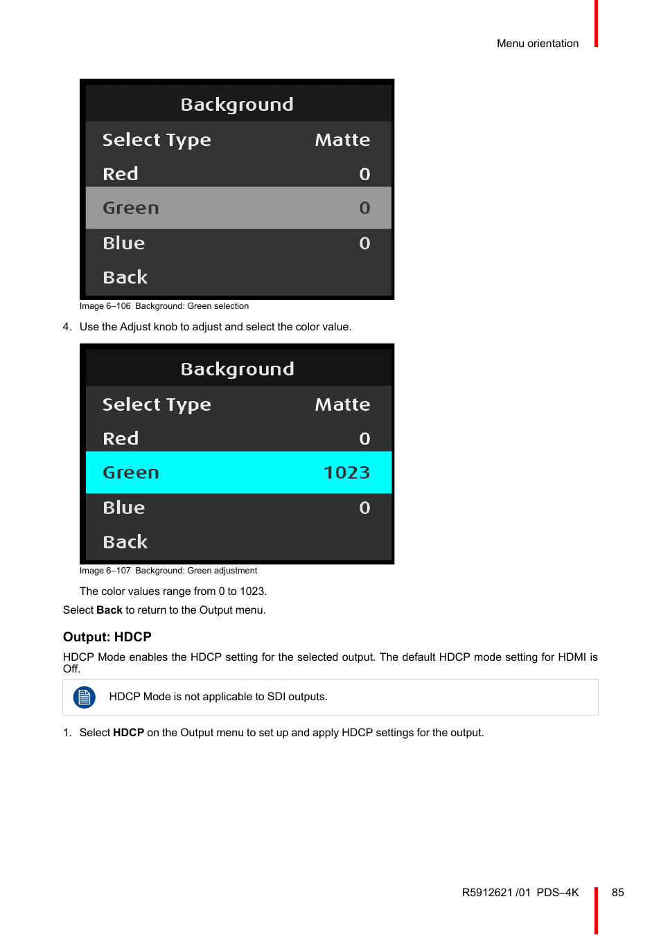 Output: hdcp | Barco PDS-4K HDMI Presentation Switcher User Manual | Page 85 / 224