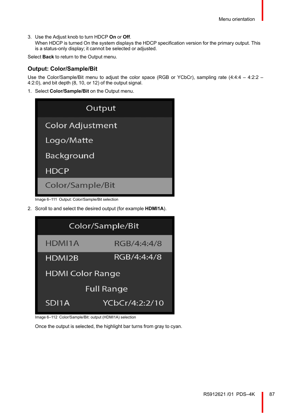 Output: color/sample/bit | Barco PDS-4K HDMI Presentation Switcher User Manual | Page 87 / 224