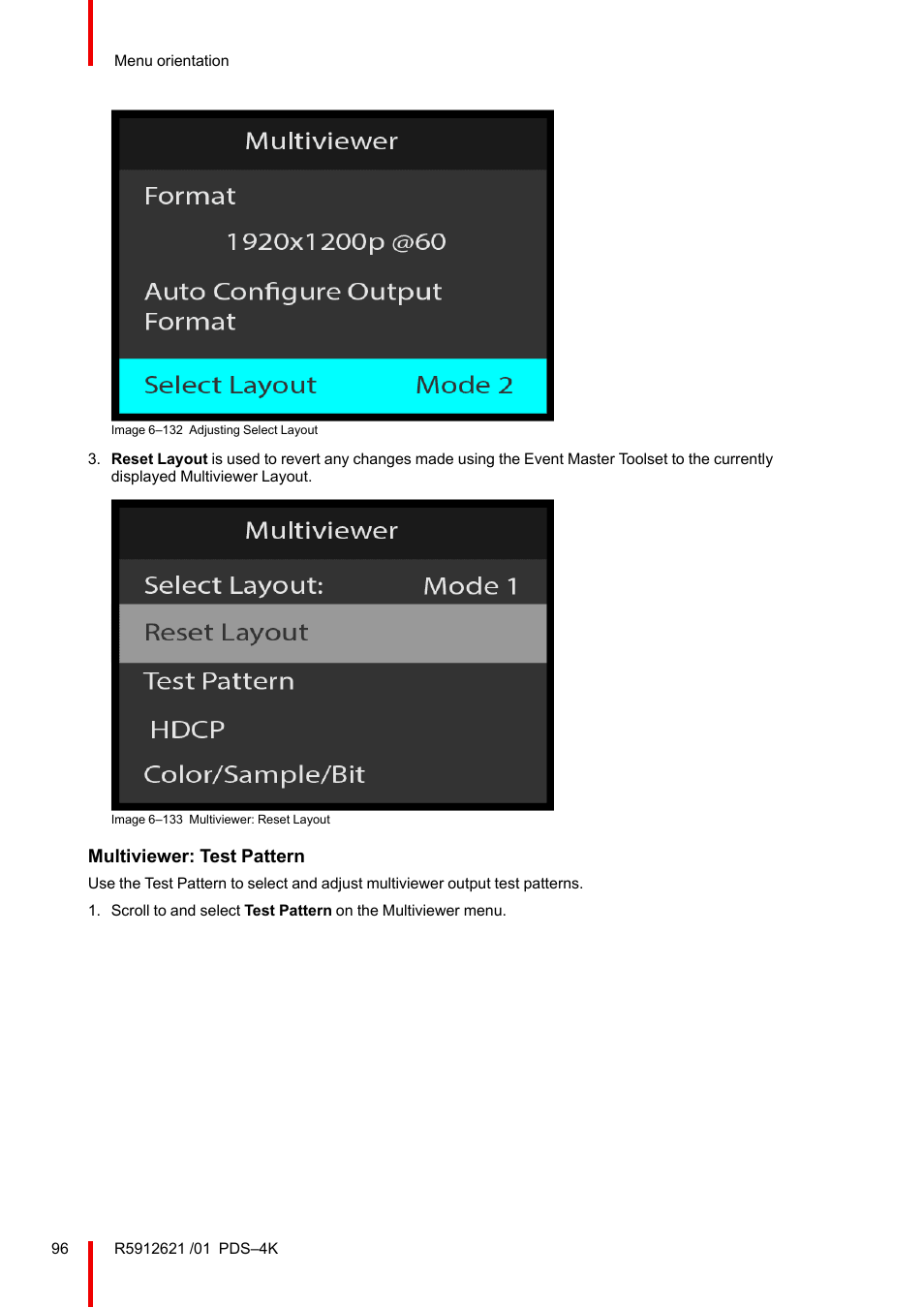 Multiviewer: test pattern | Barco PDS-4K HDMI Presentation Switcher User Manual | Page 96 / 224