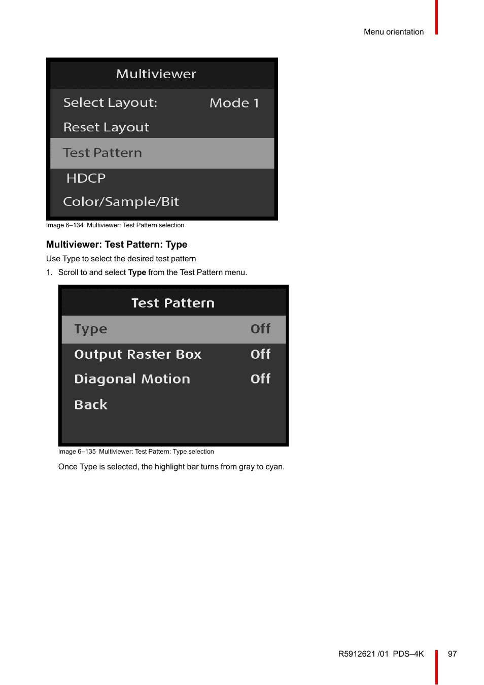 Multiviewer: test pattern: type | Barco PDS-4K HDMI Presentation Switcher User Manual | Page 97 / 224