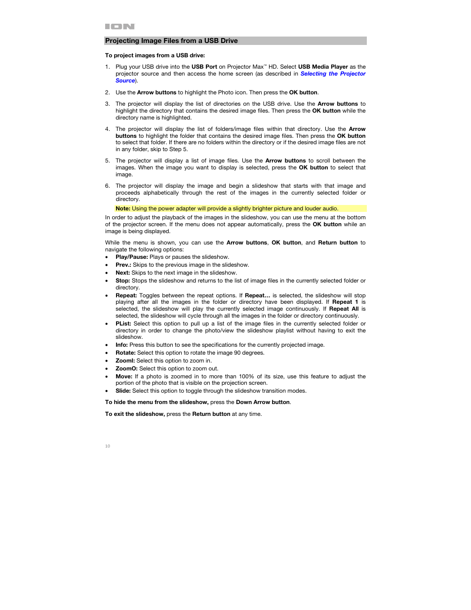 Projecting image files from a usb drive | ION Audio Projector Max HD Full HD Portable Projector and Bluetooth Speaker User Manual | Page 10 / 49