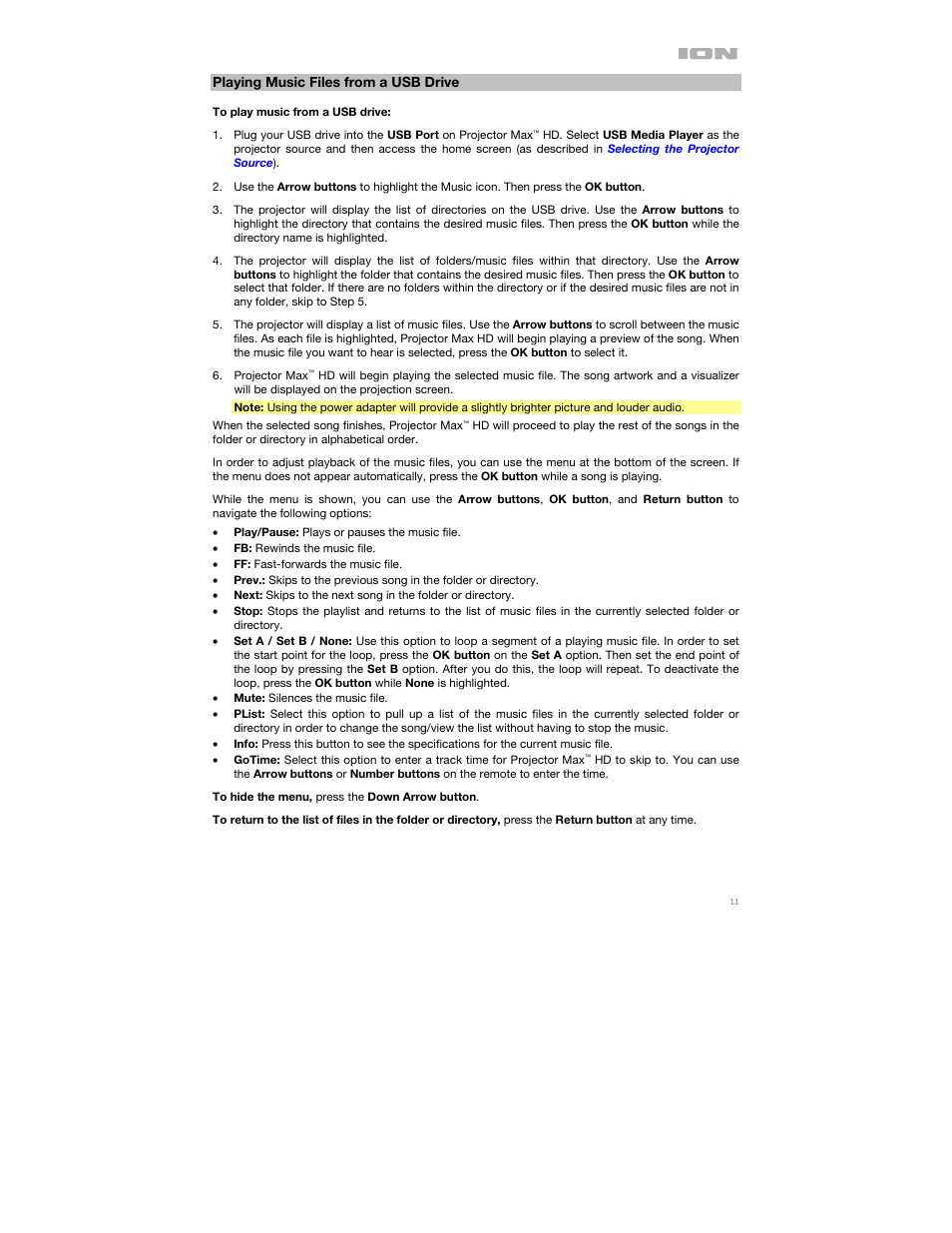 Playing music files from a usb drive | ION Audio Projector Max HD Full HD Portable Projector and Bluetooth Speaker User Manual | Page 11 / 49