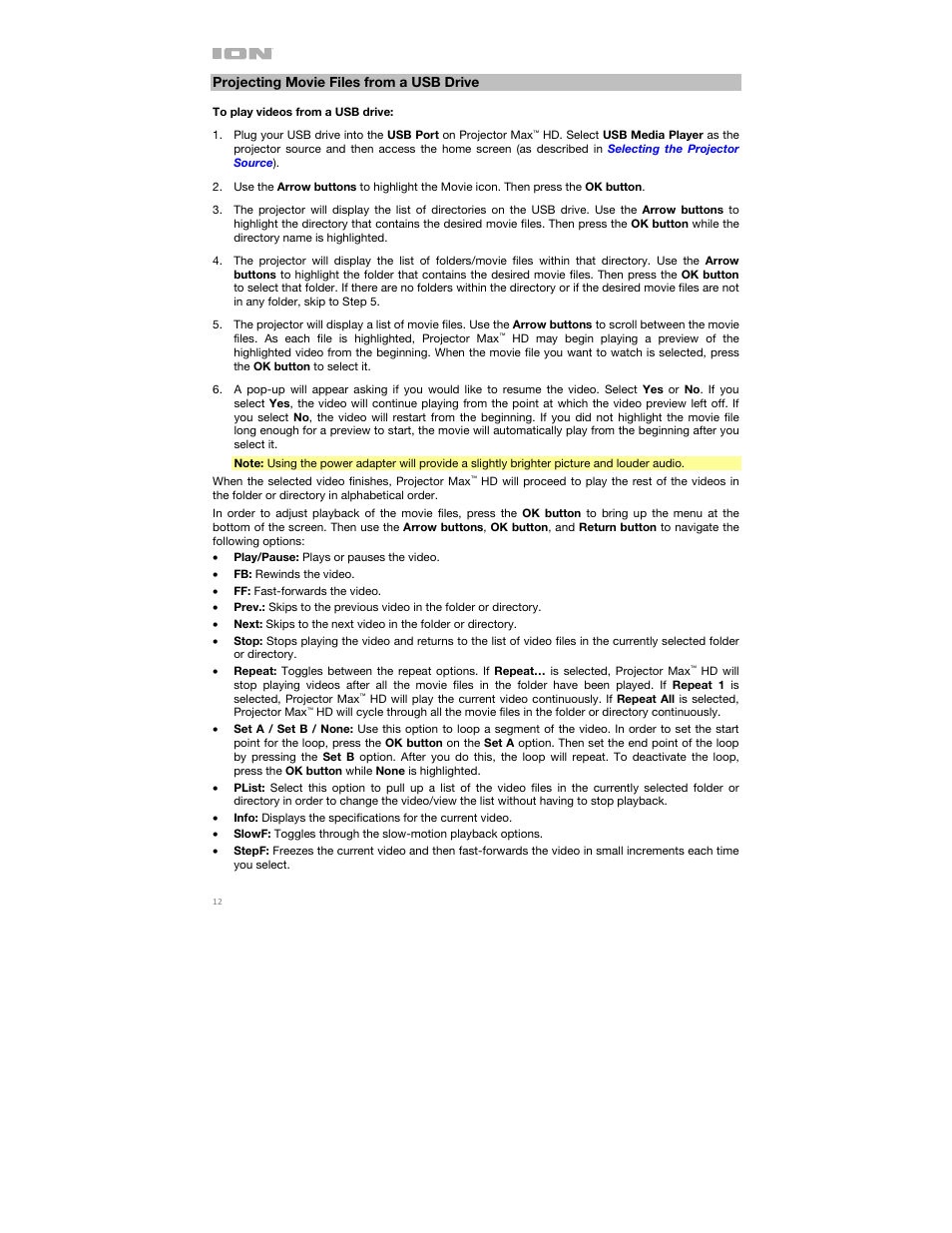 Projecting movie files from a usb drive | ION Audio Projector Max HD Full HD Portable Projector and Bluetooth Speaker User Manual | Page 12 / 49