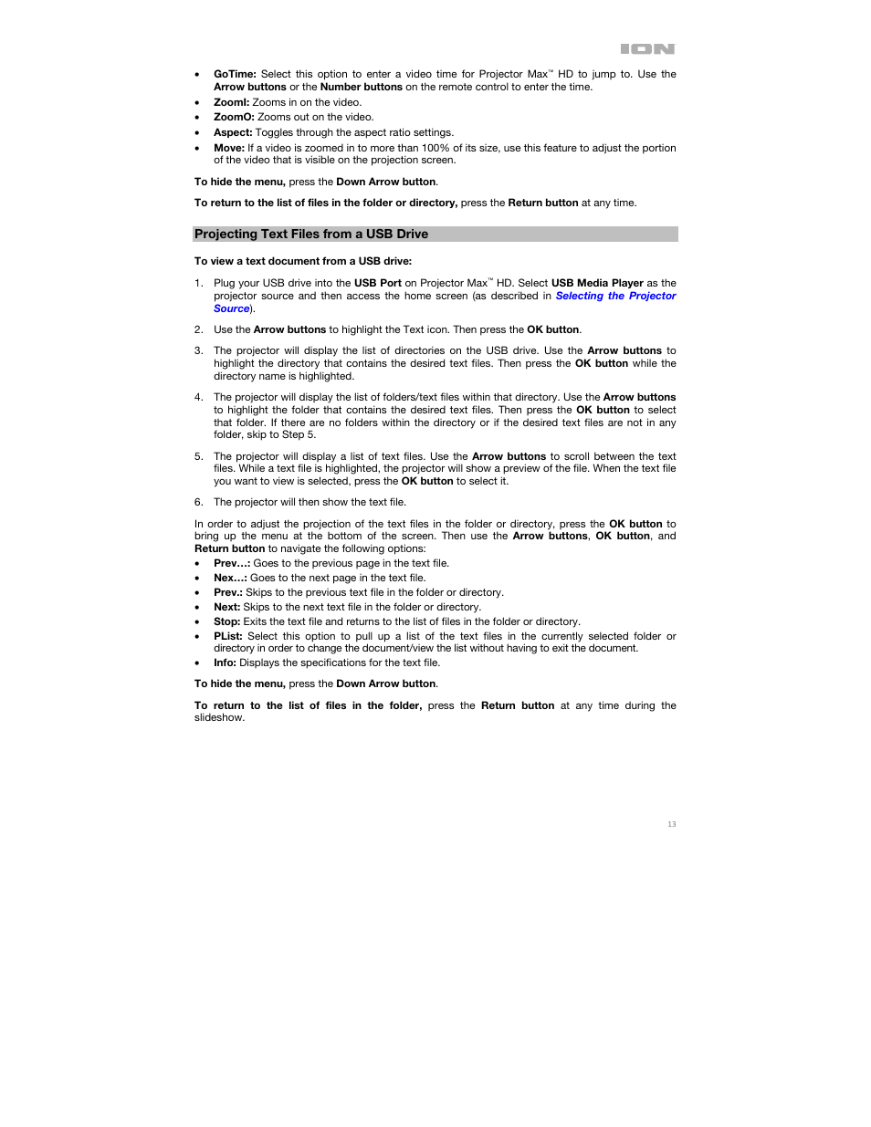 Projecting text files from a usb drive | ION Audio Projector Max HD Full HD Portable Projector and Bluetooth Speaker User Manual | Page 13 / 49