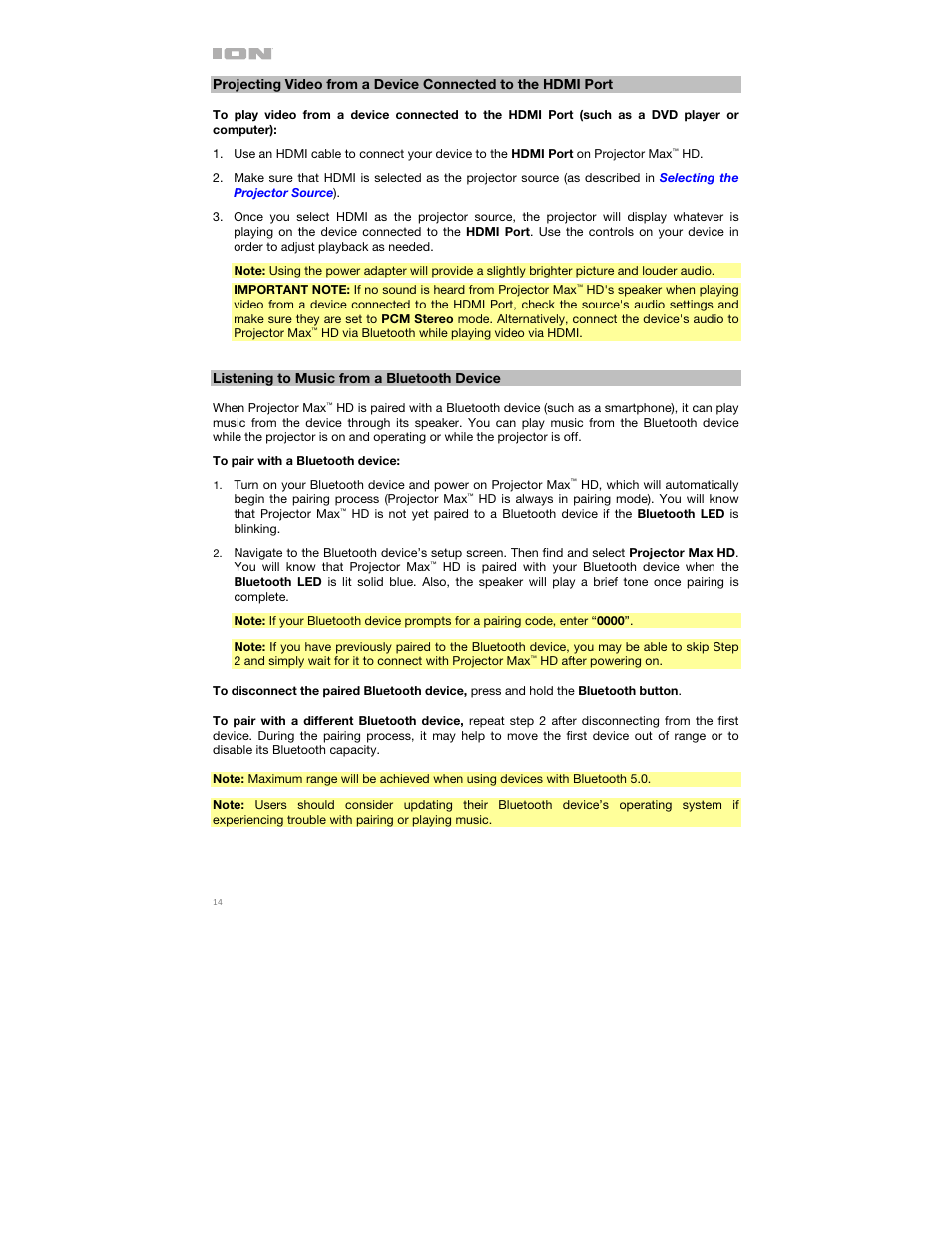 Listening to music from a bluetooth device | ION Audio Projector Max HD Full HD Portable Projector and Bluetooth Speaker User Manual | Page 14 / 49