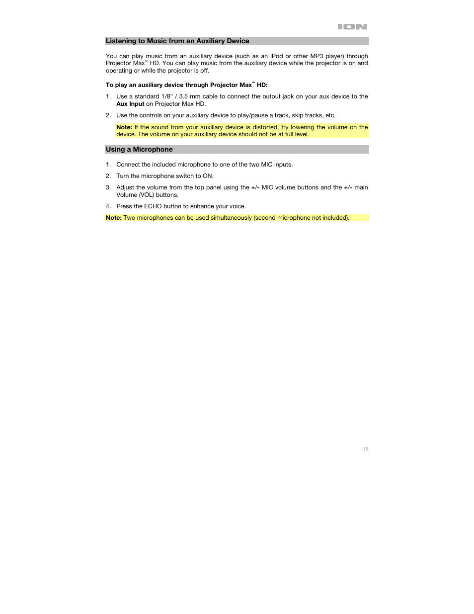 Listening to music from an auxiliary device, Using a microphone | ION Audio Projector Max HD Full HD Portable Projector and Bluetooth Speaker User Manual | Page 15 / 49