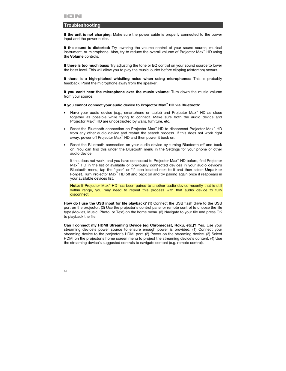 Troubleshooting | ION Audio Projector Max HD Full HD Portable Projector and Bluetooth Speaker User Manual | Page 16 / 49