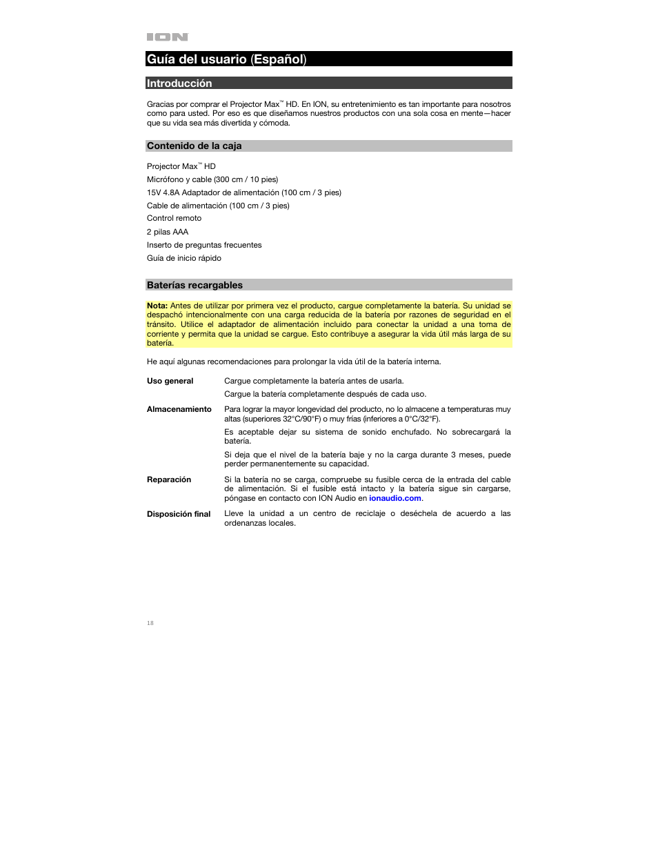 ION Audio Projector Max HD Full HD Portable Projector and Bluetooth Speaker User Manual | Page 18 / 49