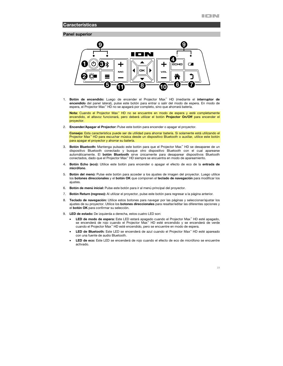 Características, Panel superior | ION Audio Projector Max HD Full HD Portable Projector and Bluetooth Speaker User Manual | Page 19 / 49