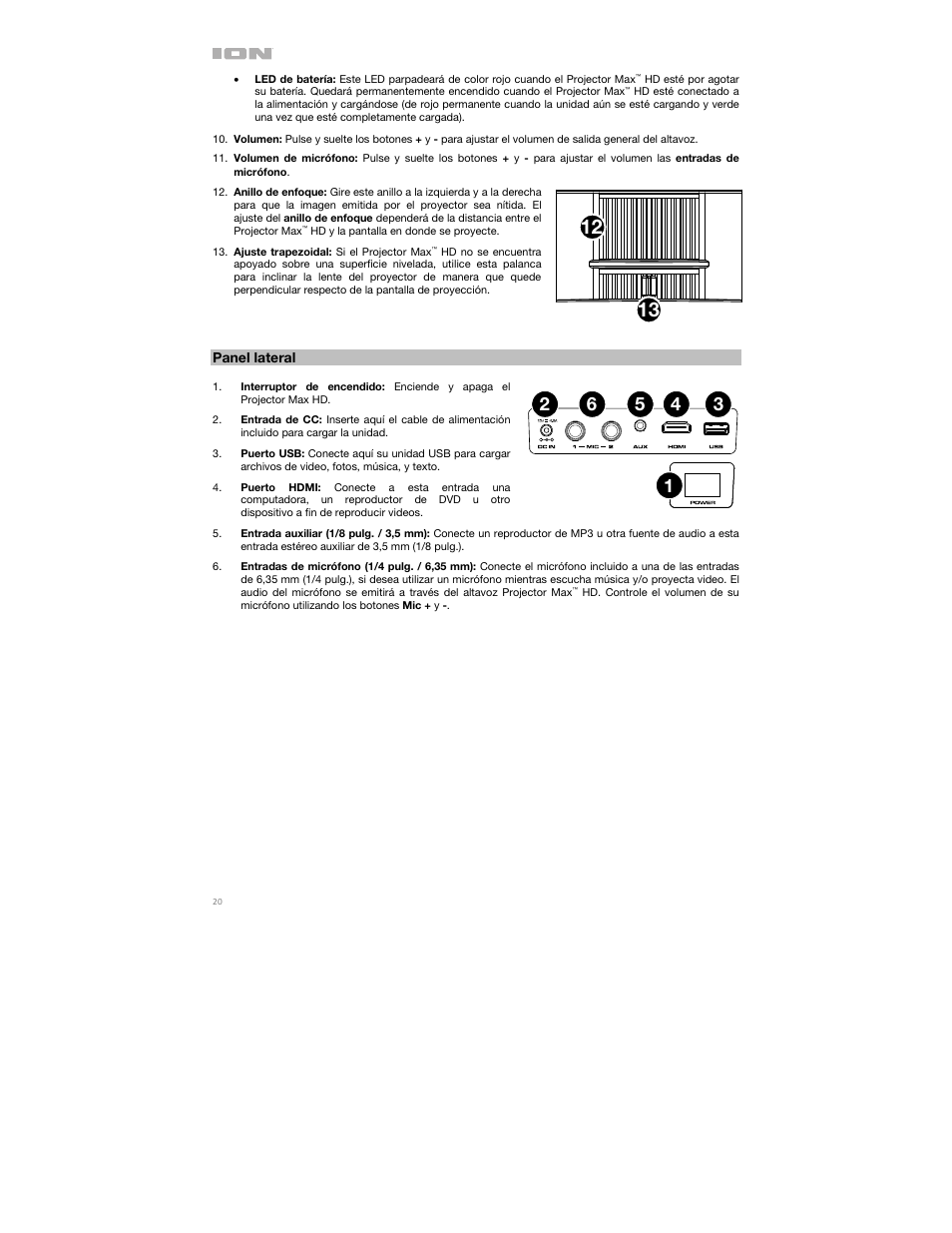 Panel lateral | ION Audio Projector Max HD Full HD Portable Projector and Bluetooth Speaker User Manual | Page 20 / 49