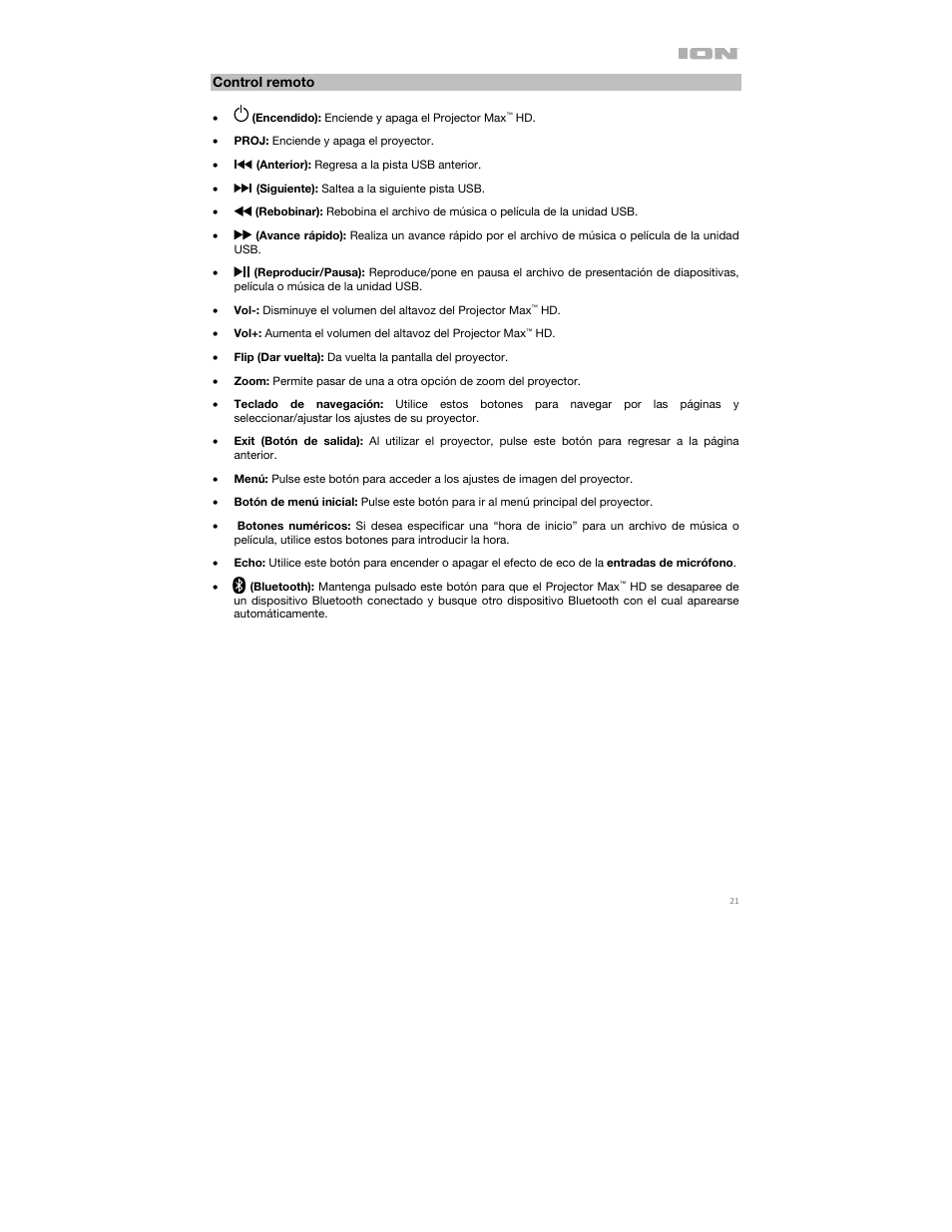 Control remoto | ION Audio Projector Max HD Full HD Portable Projector and Bluetooth Speaker User Manual | Page 21 / 49