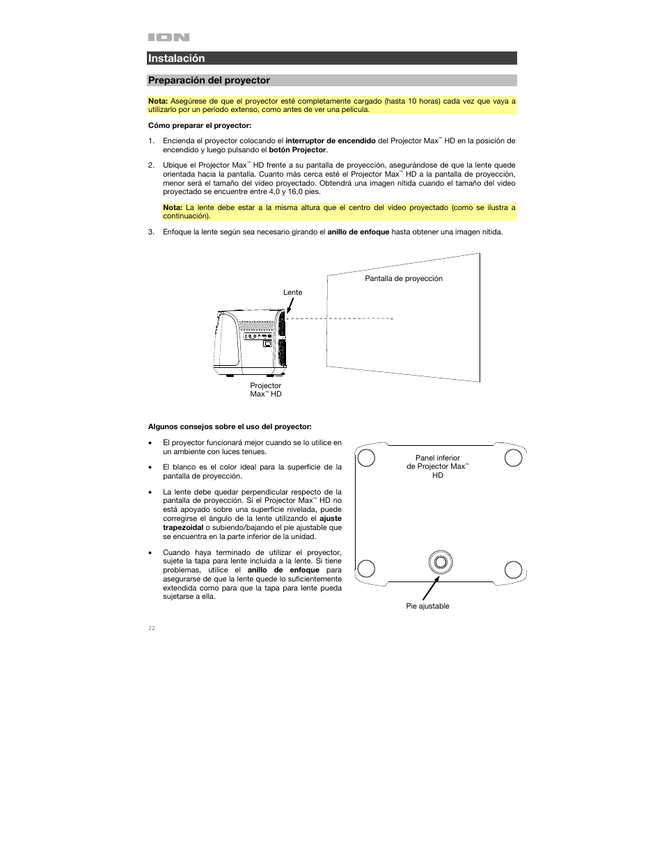 Instalación, Preparación del proyector | ION Audio Projector Max HD Full HD Portable Projector and Bluetooth Speaker User Manual | Page 22 / 49