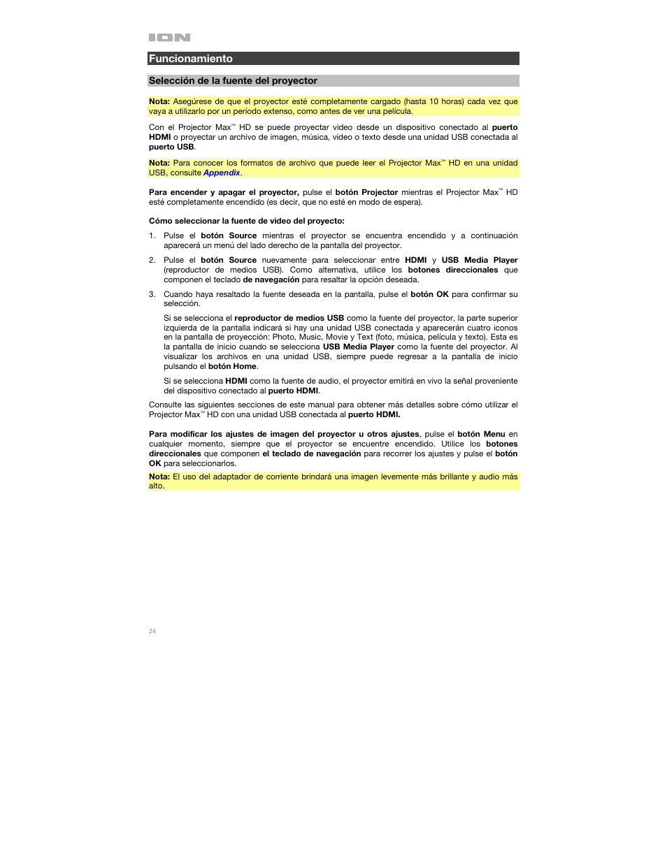 Funcionamiento, Selección de la fuente del proyector | ION Audio Projector Max HD Full HD Portable Projector and Bluetooth Speaker User Manual | Page 24 / 49