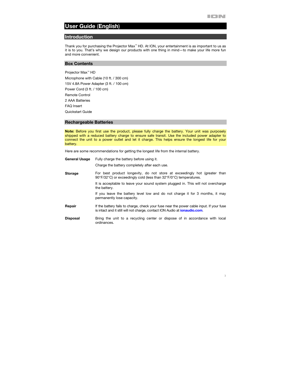 User guide (english), Introduction, Box contents | Rechargeable batteries, User guide ( english ) | ION Audio Projector Max HD Full HD Portable Projector and Bluetooth Speaker User Manual | Page 3 / 49