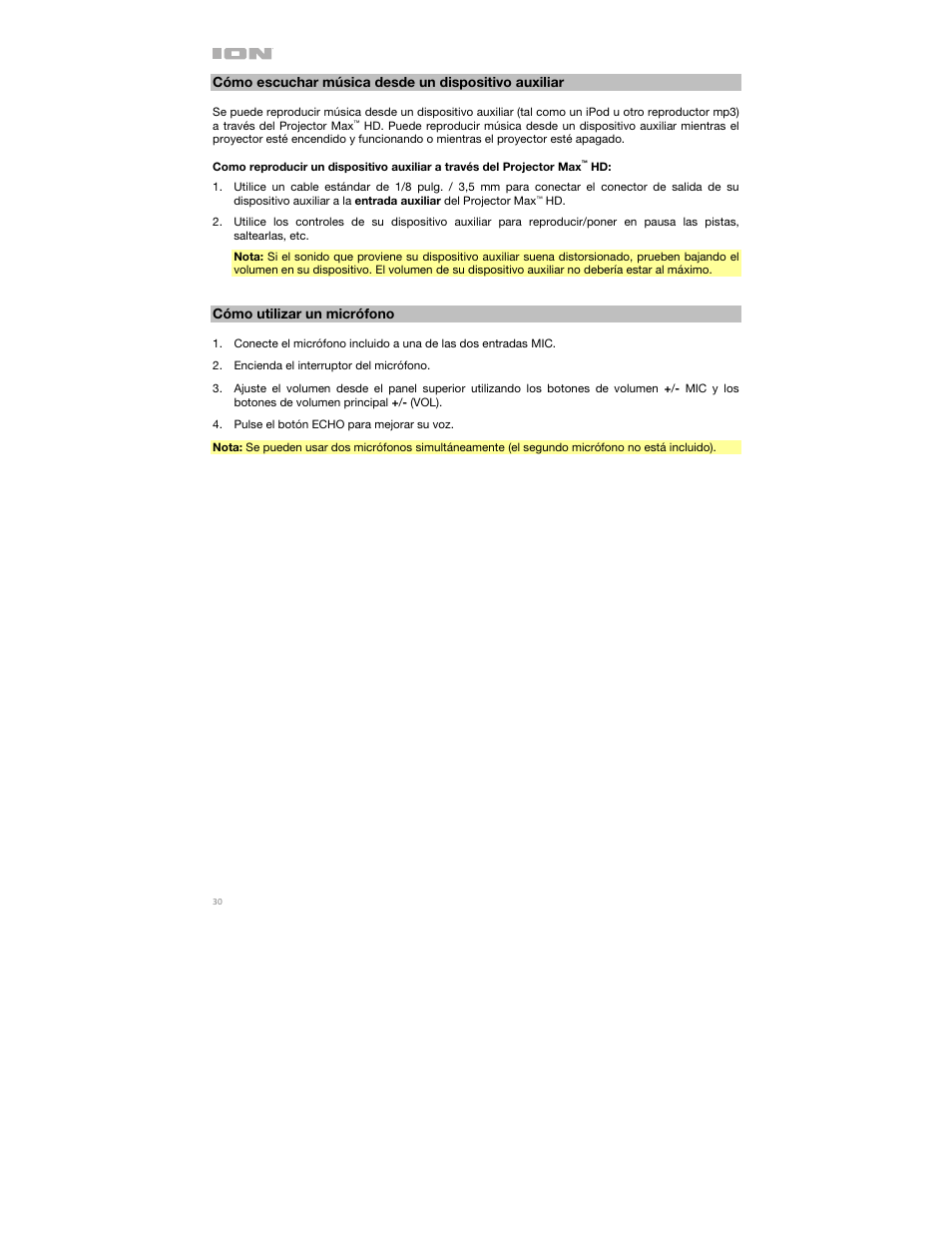 Cómo escuchar música desde un dispositivo auxiliar, Cómo utilizar un micrófono | ION Audio Projector Max HD Full HD Portable Projector and Bluetooth Speaker User Manual | Page 30 / 49