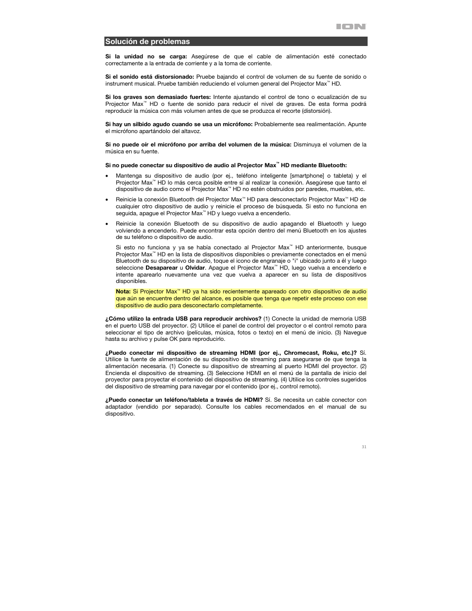 Solución de problemas | ION Audio Projector Max HD Full HD Portable Projector and Bluetooth Speaker User Manual | Page 31 / 49