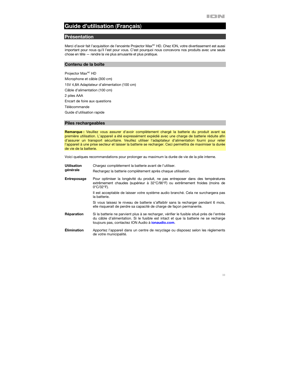 Guide d’utilisation (français), Présentation, Contenu de la boîte | Piles rechargeables, Guide d’utilisation ( français ) | ION Audio Projector Max HD Full HD Portable Projector and Bluetooth Speaker User Manual | Page 33 / 49