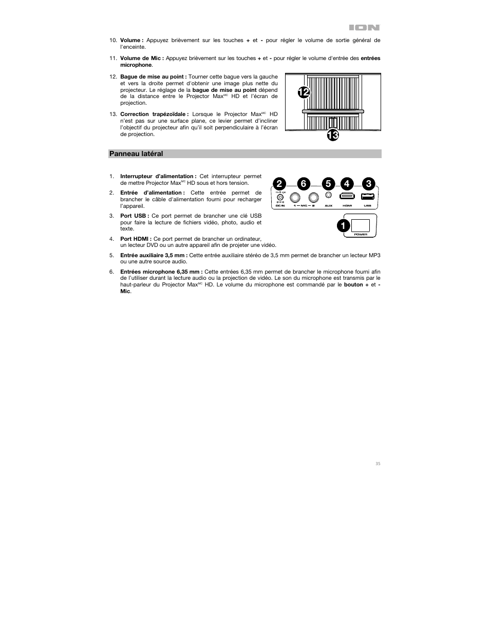 Panneau latéral | ION Audio Projector Max HD Full HD Portable Projector and Bluetooth Speaker User Manual | Page 35 / 49